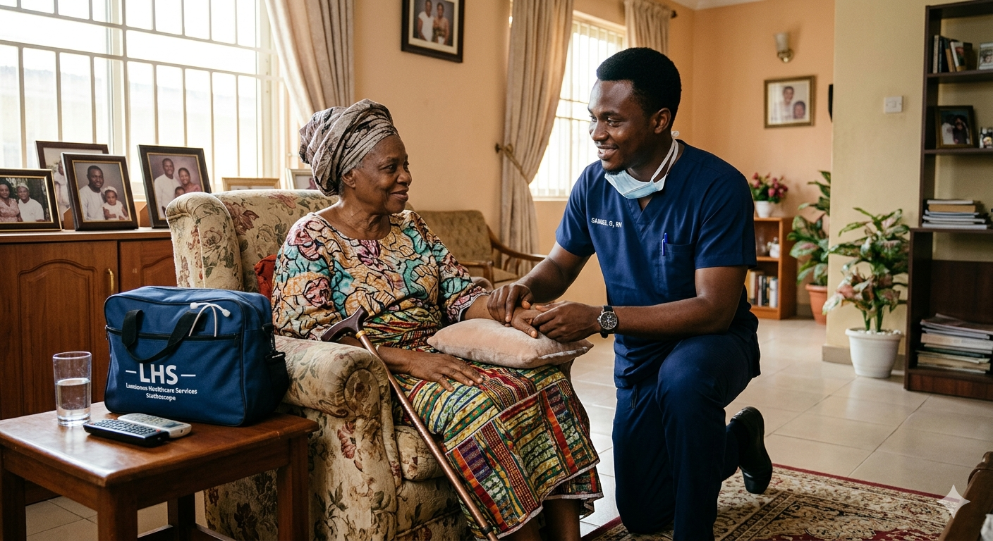 Home care nurse visiting a patient at home through RivHeal platform